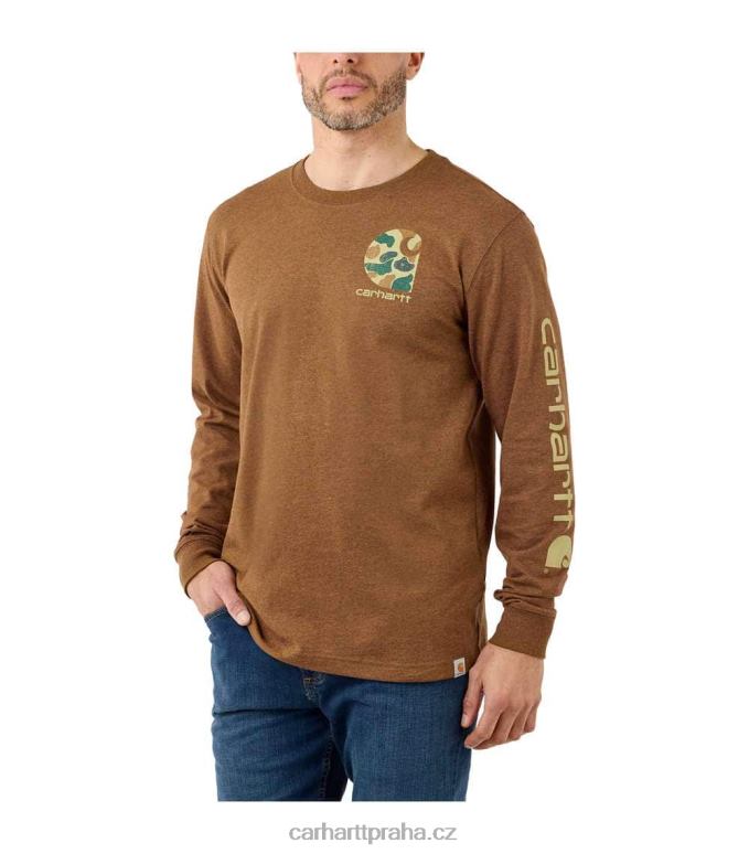 muži uvolněné tričko těžké váhy s dlouhým rukávem a grafickým logem Carhartt 8BL8V141 naolejovaný ořechový vřes