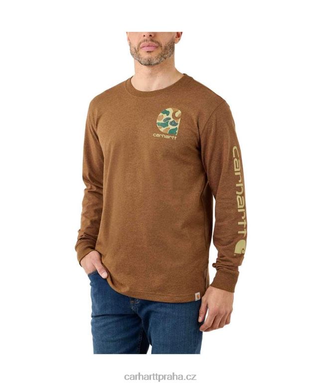 muži uvolněné tričko těžké váhy s dlouhým rukávem a grafickým logem Carhartt 8BL8V141 naolejovaný ořechový vřes