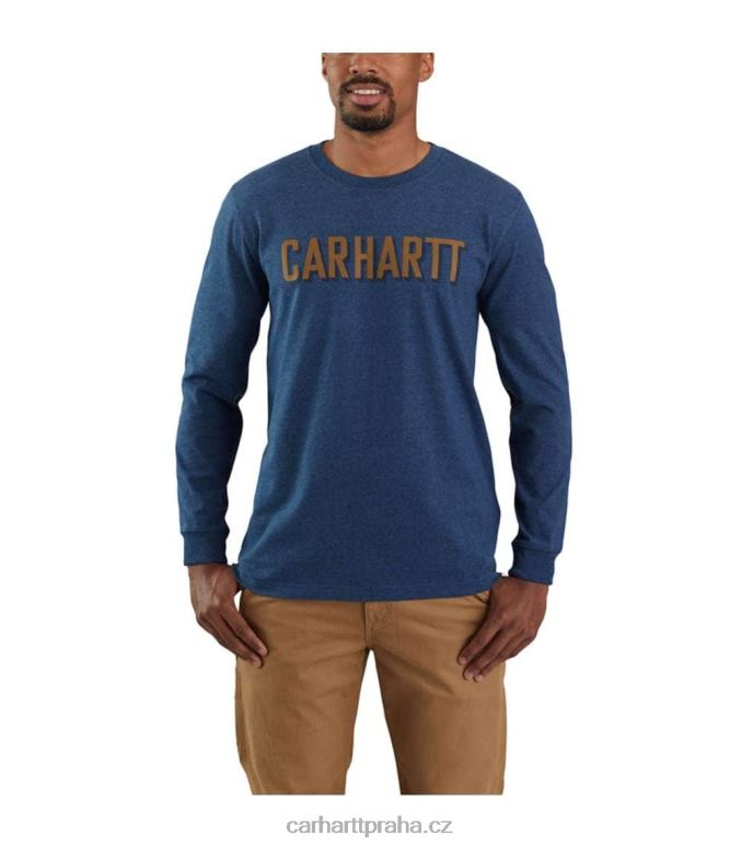 muži uvolněné tričko těžké váhy s dlouhým rukávem a grafickým logem Carhartt 8BL8V142 tmavě kobaltově modrý vřes