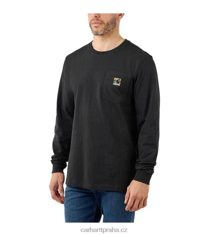 muži uvolněný střih těžké tričko s dlouhým rukávem a kapsou s camo c grafikou Carhartt 8BL8V129 Černá