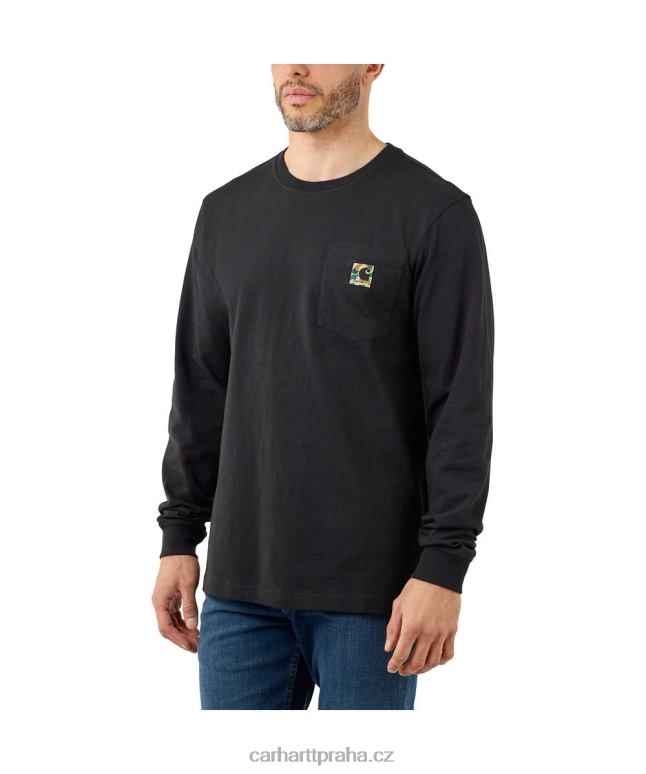 muži uvolněný střih těžké tričko s dlouhým rukávem a kapsou s camo c grafikou Carhartt 8BL8V129 Černá