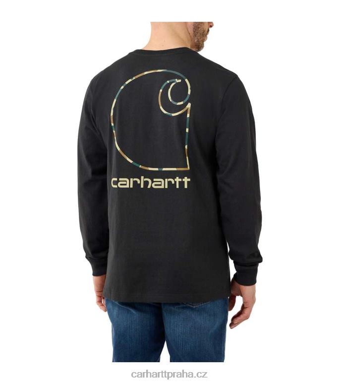muži uvolněný střih těžké tričko s dlouhým rukávem a kapsou s camo c grafikou Carhartt 8BL8V129 Černá