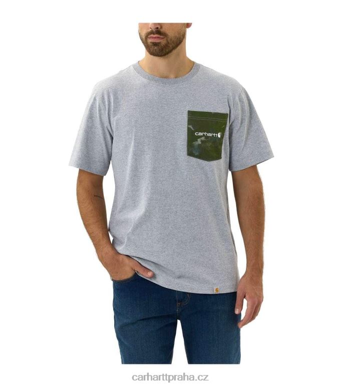 muži uvolněný střih těžkého trička s camo kapsou a krátkým rukávem Carhartt 8BL8V135 vřesově šedá