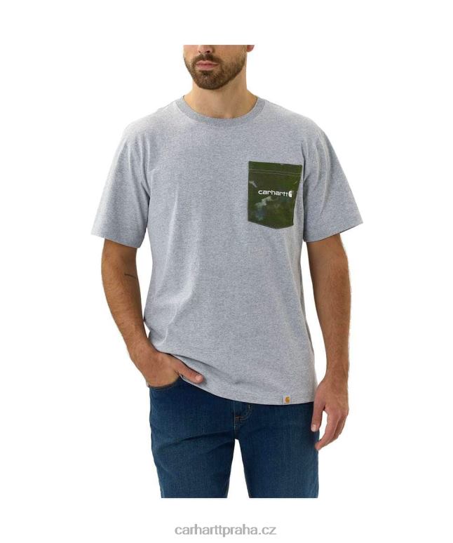 muži uvolněný střih těžkého trička s camo kapsou a krátkým rukávem Carhartt 8BL8V135 vřesově šedá